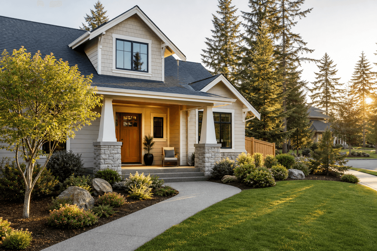 Refined Pacific Northwest home exterior at dusk